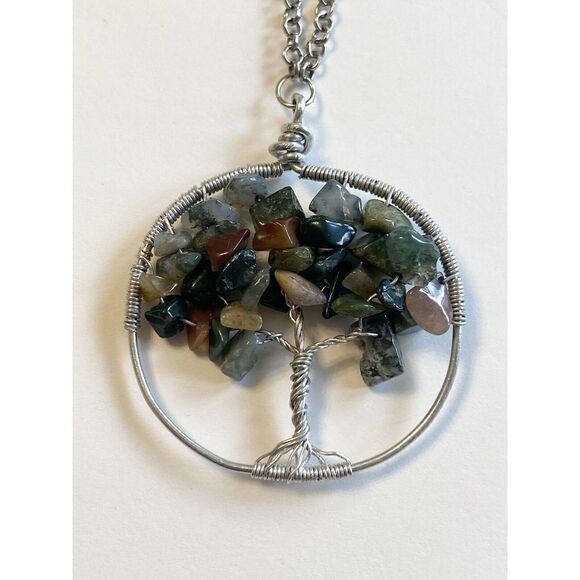 Jewelry - Silver Tree of Life Wire Wrapped raw Jasper Beads Pendant Necklace 17”